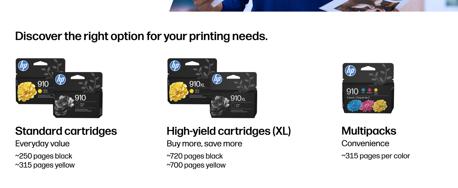HP 910 original cyan magenta yellow ink cartridges 3-pack compatible with HP OfficeJet 8010 8020 and OfficeJet Pro 8030 printers