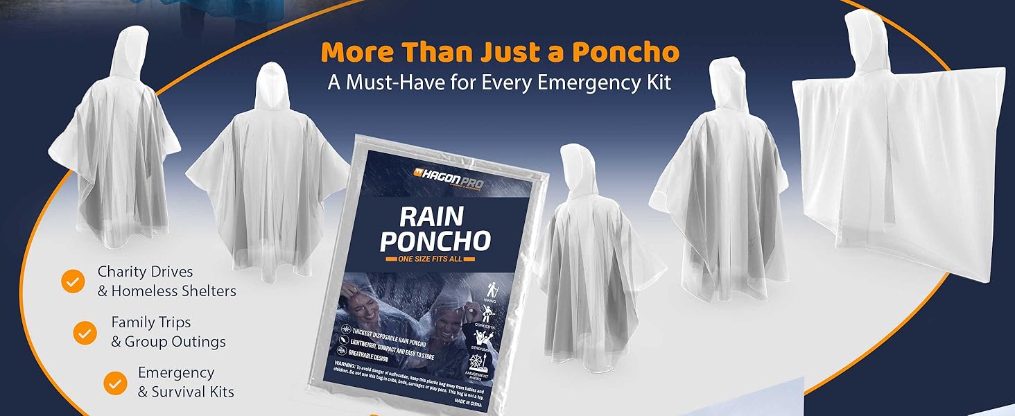 Hagon PRO disposable waterproof rain ponchos for adults 5 pack with hood lightweight portable emergency rain gear