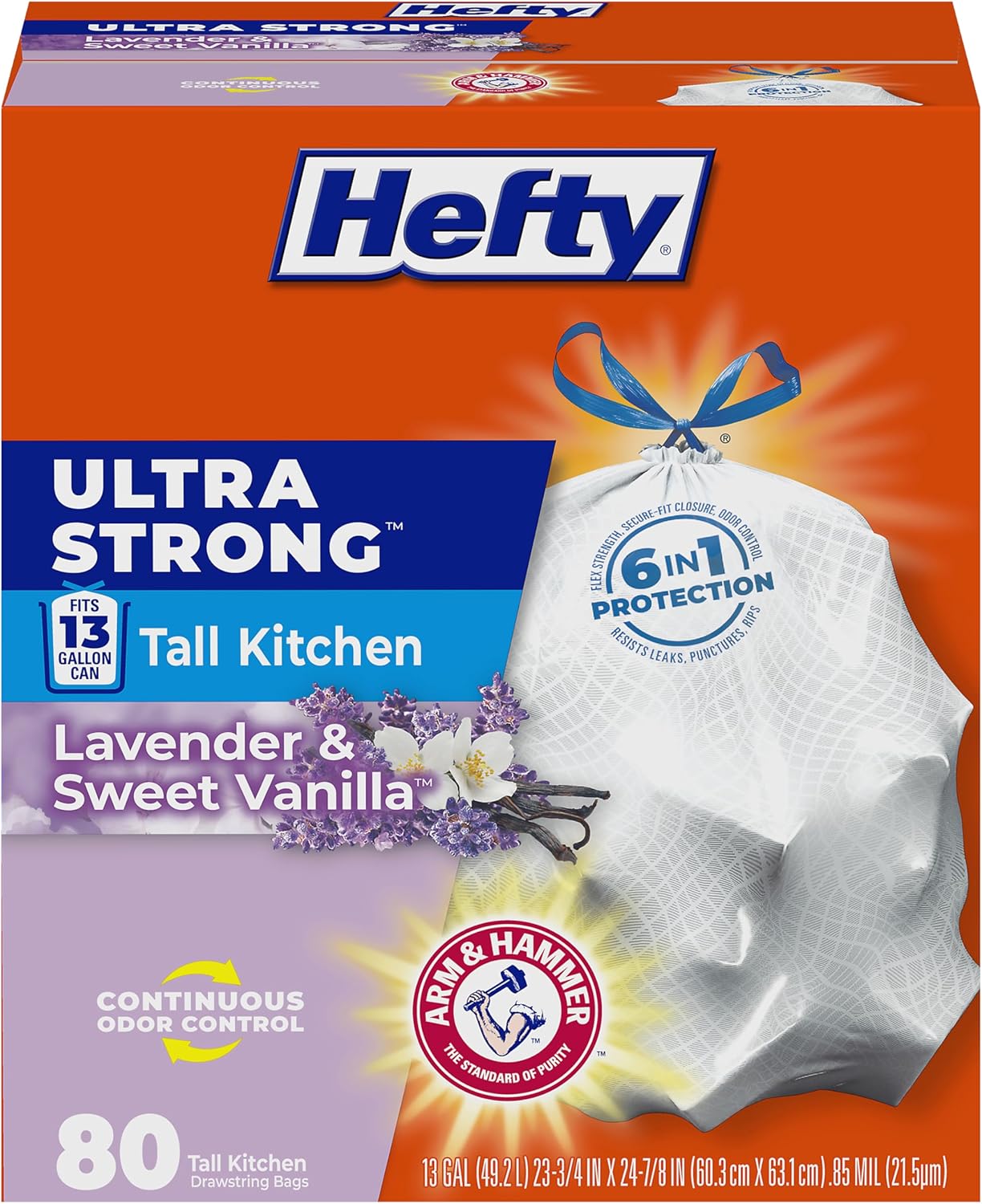 Hefty Ultra Strong 13 gallon tall kitchen trash bags with drawstring closure odor control lavender sweet vanilla scent 80 count