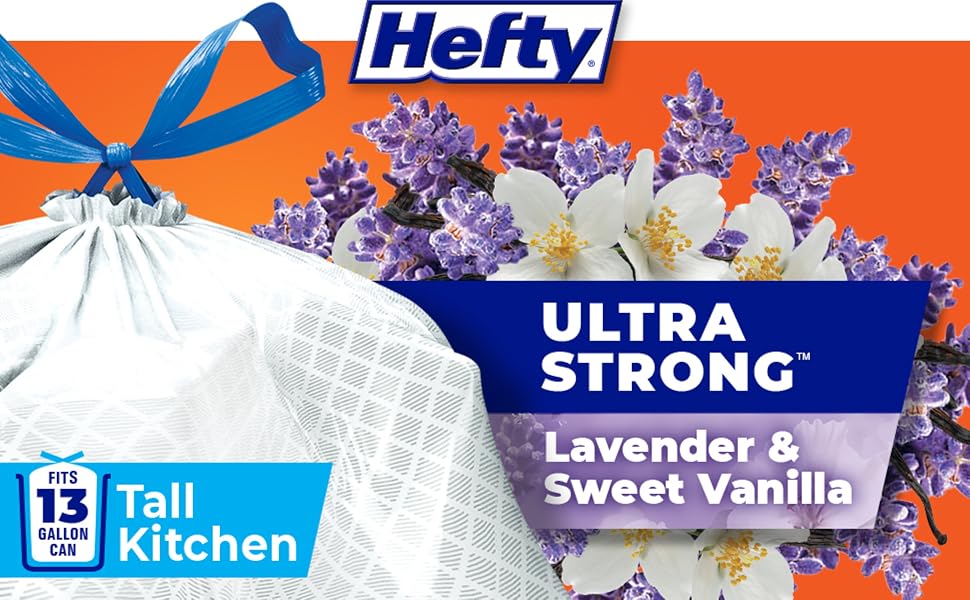 Hefty Ultra Strong 13 gallon tall kitchen trash bags with drawstring closure odor control lavender sweet vanilla scent 80 count