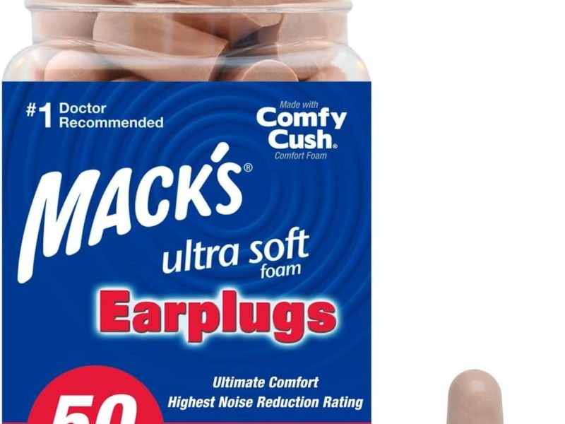 Mack's Ultra Soft Foam Earplugs 50 pairs with 33 dB noise reduction rating made in USA for sleeping travel and hearing protection