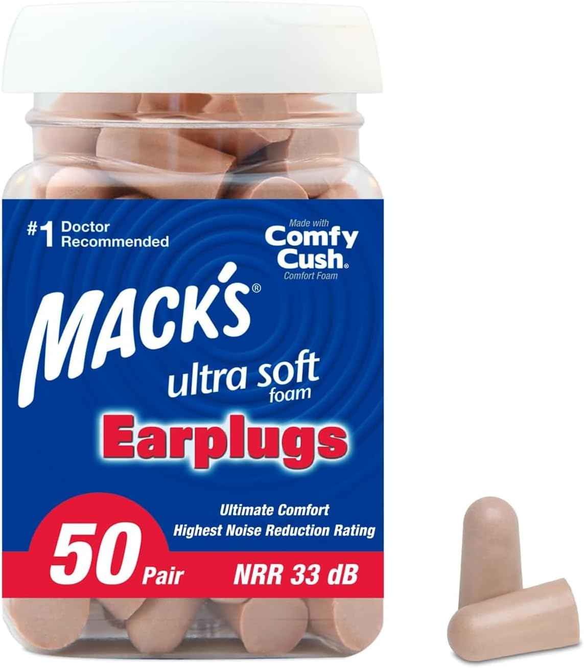 Mack's Ultra Soft Foam Earplugs 50 pairs with 33 dB noise reduction rating made in USA for sleeping travel and hearing protection