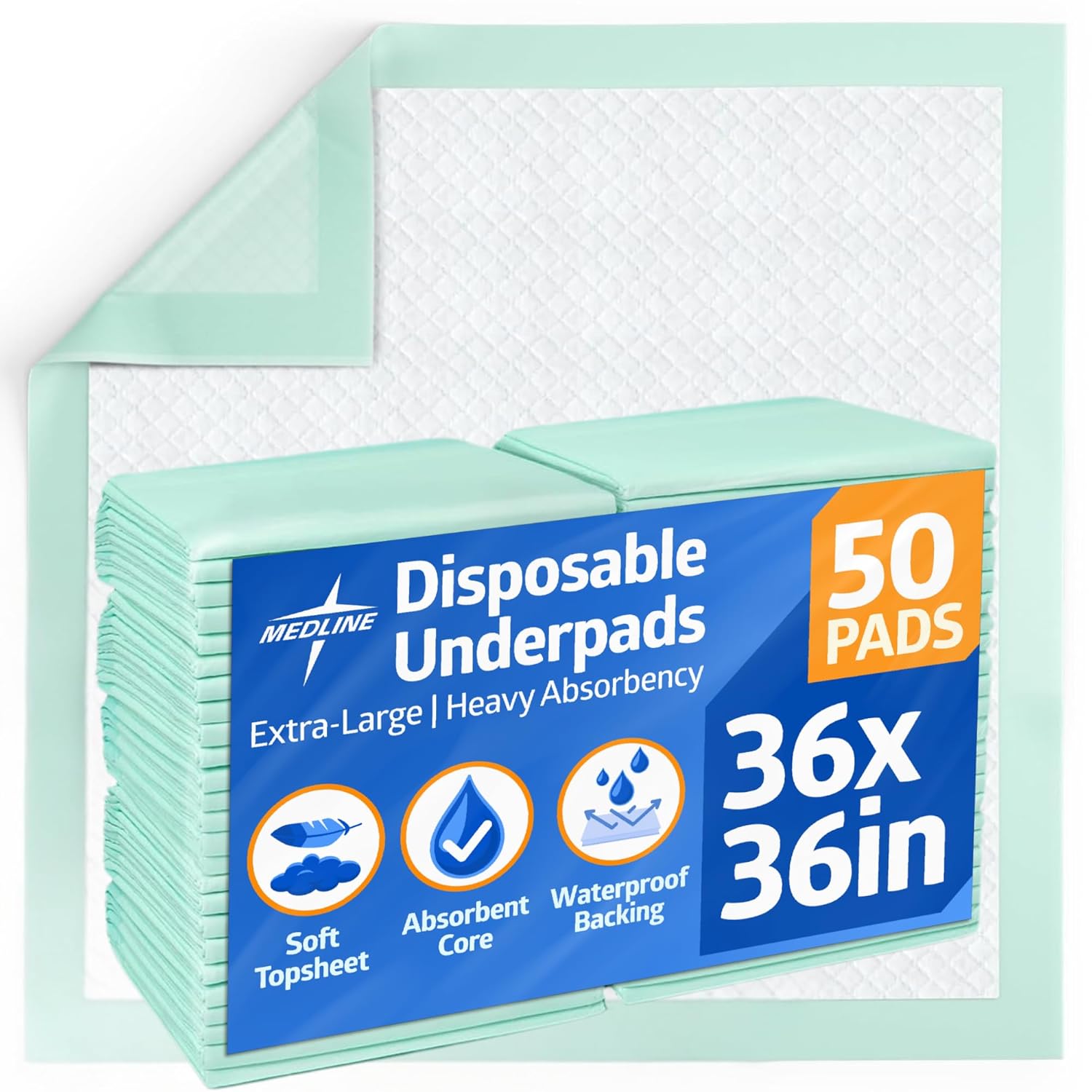 Medline Super Absorbent Underpads 36 x 36 inch extra large disposable bed pads with waterproof backing for furniture and surface protection