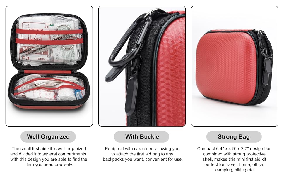 Mini first aid kit with 150 pieces in a waterproof hard shell red case for home travel camping hiking and emergency preparedness