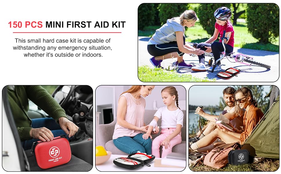 Mini first aid kit with 150 pieces in a waterproof hard shell red case for home travel camping hiking and emergency preparedness