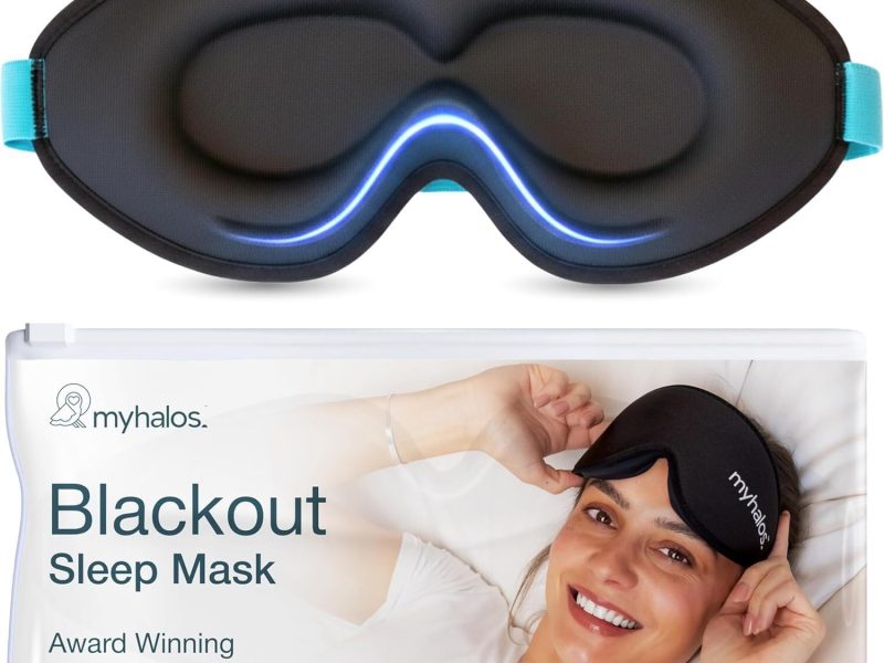 MyHalos 3D blackout sleep mask with memory foam, zero pressure eye cups, breathable design, and adjustable strap for side sleepers and travel