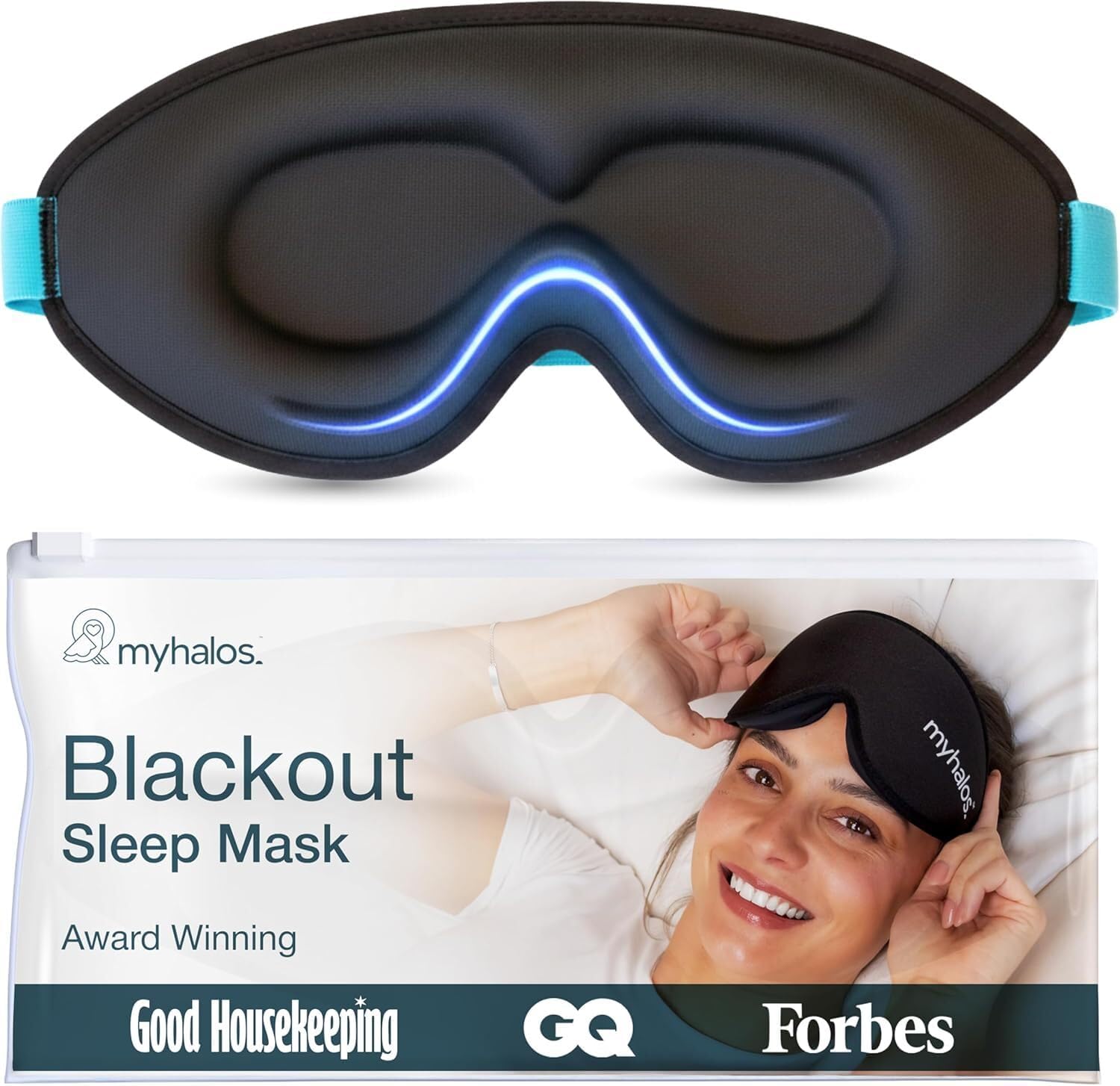 MyHalos 3D blackout sleep mask with memory foam, zero pressure eye cups, breathable design, and adjustable strap for side sleepers and travel