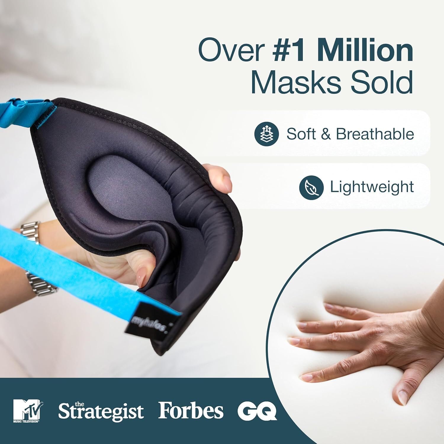 MyHalos 3D blackout sleep mask with memory foam, zero pressure eye cups, breathable design, and adjustable strap for side sleepers and travel