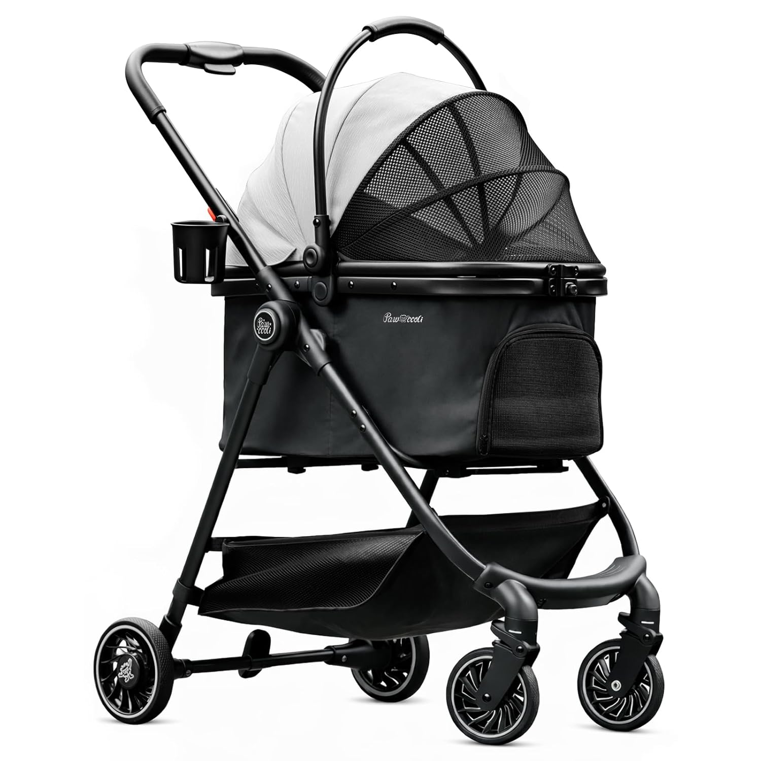 Black pet stroller for small dogs and cats with foldable frame detachable carrier breathable mesh storage basket and cup holder