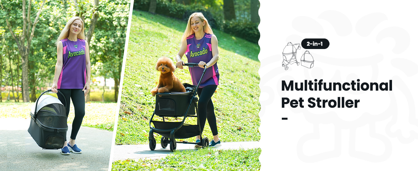 Black pet stroller for small dogs and cats with foldable frame detachable carrier breathable mesh storage basket and cup holder