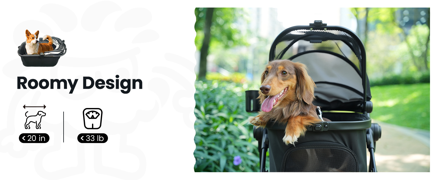 Black pet stroller for small dogs and cats with foldable frame detachable carrier breathable mesh storage basket and cup holder