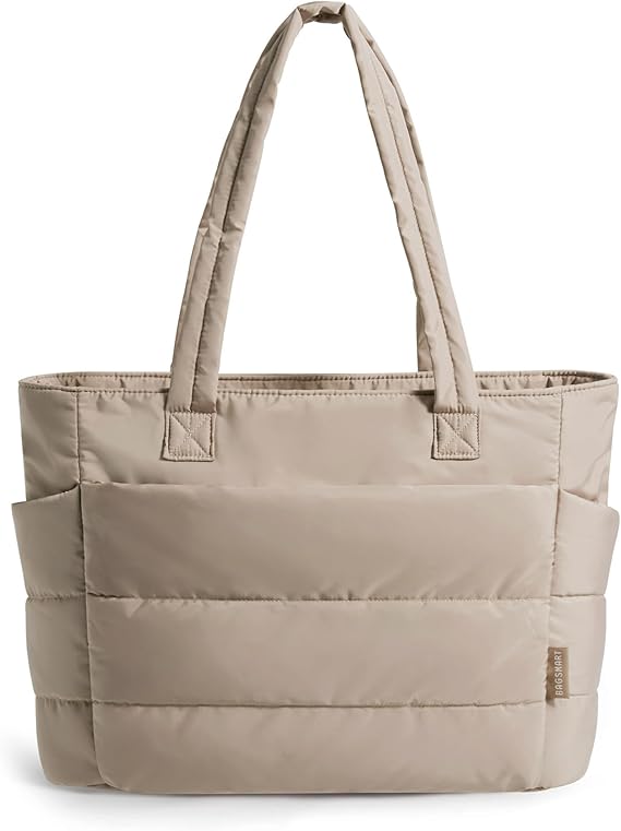 Lightweight puffy tote bag with multiple compartments for travel work gym shopping and everyday shoulder bag use
