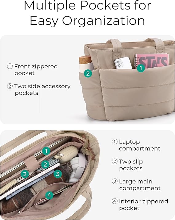 Lightweight puffy tote bag with multiple compartments for travel work gym shopping and everyday shoulder bag use