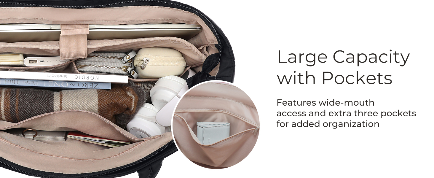 Lightweight puffy tote bag with multiple compartments for travel work gym shopping and everyday shoulder bag use
