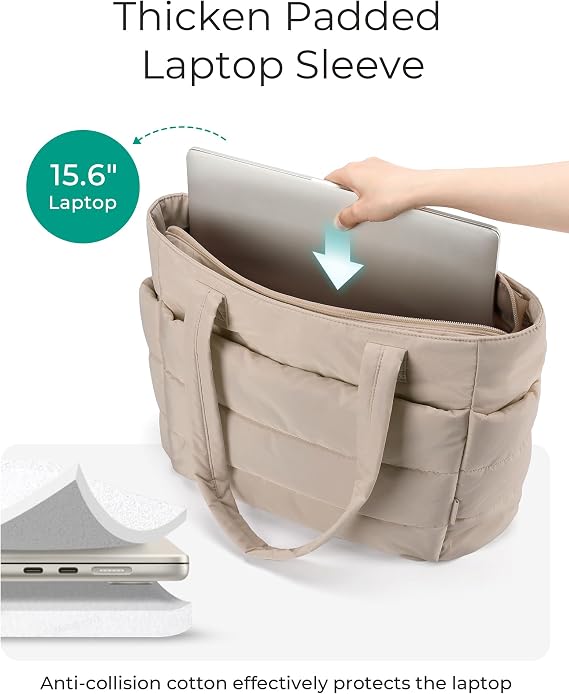 Lightweight puffy tote bag with multiple compartments for travel work gym shopping and everyday shoulder bag use