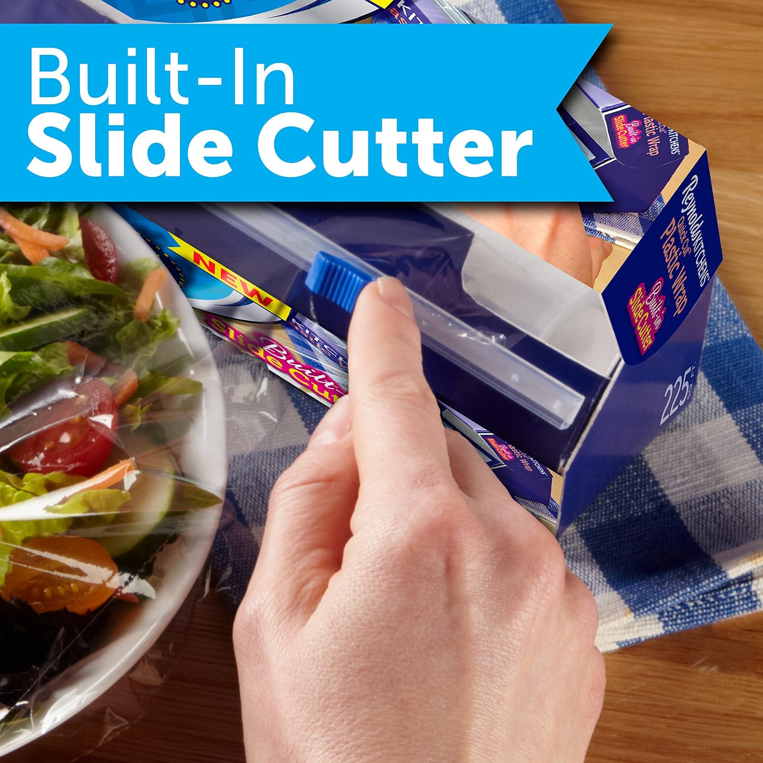 Reynolds Kitchens Quick Cut Plastic Wrap 225 square feet with built-in slide cutter for food storage and meal prep