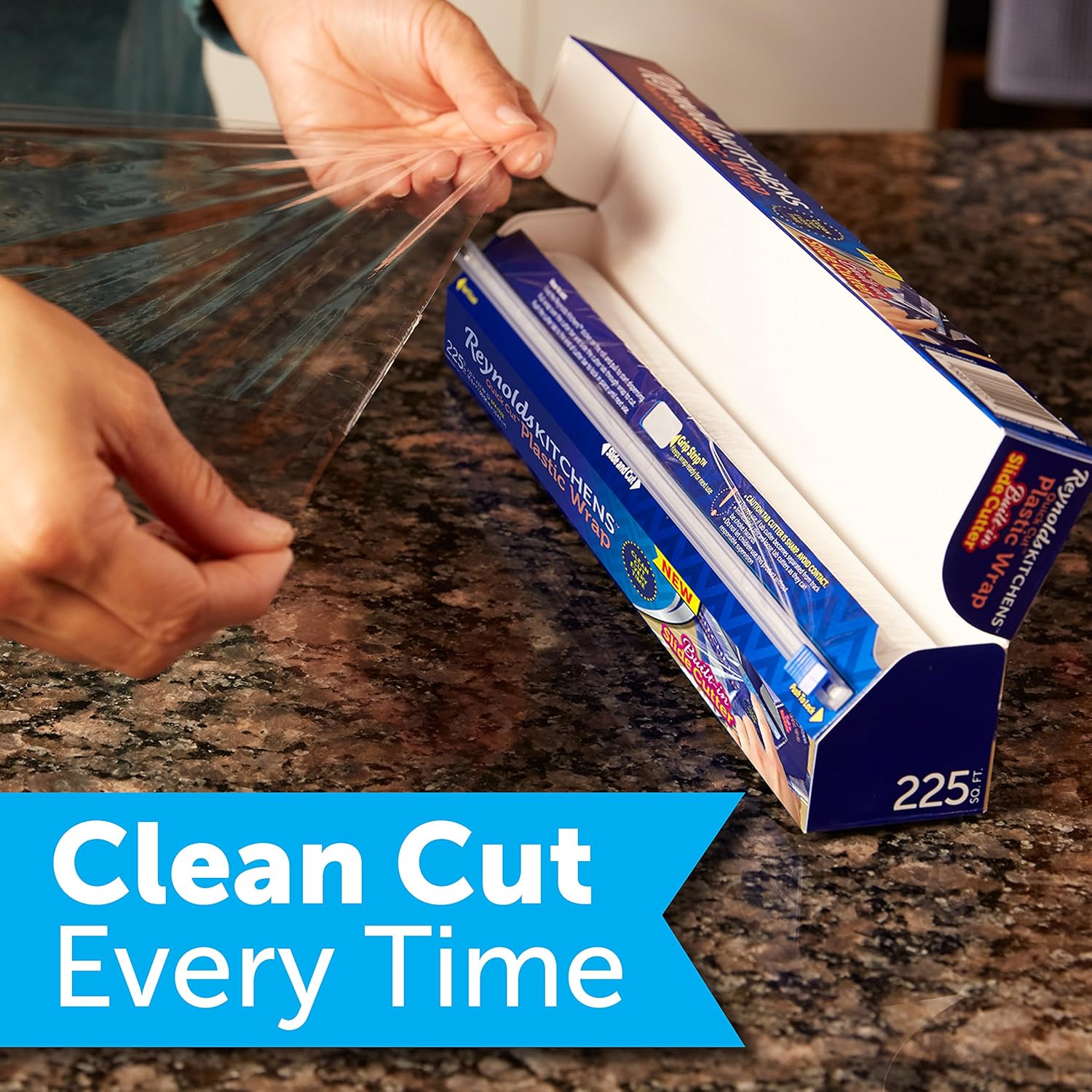 Reynolds Kitchens Quick Cut Plastic Wrap 225 square feet with built-in slide cutter for food storage and meal prep