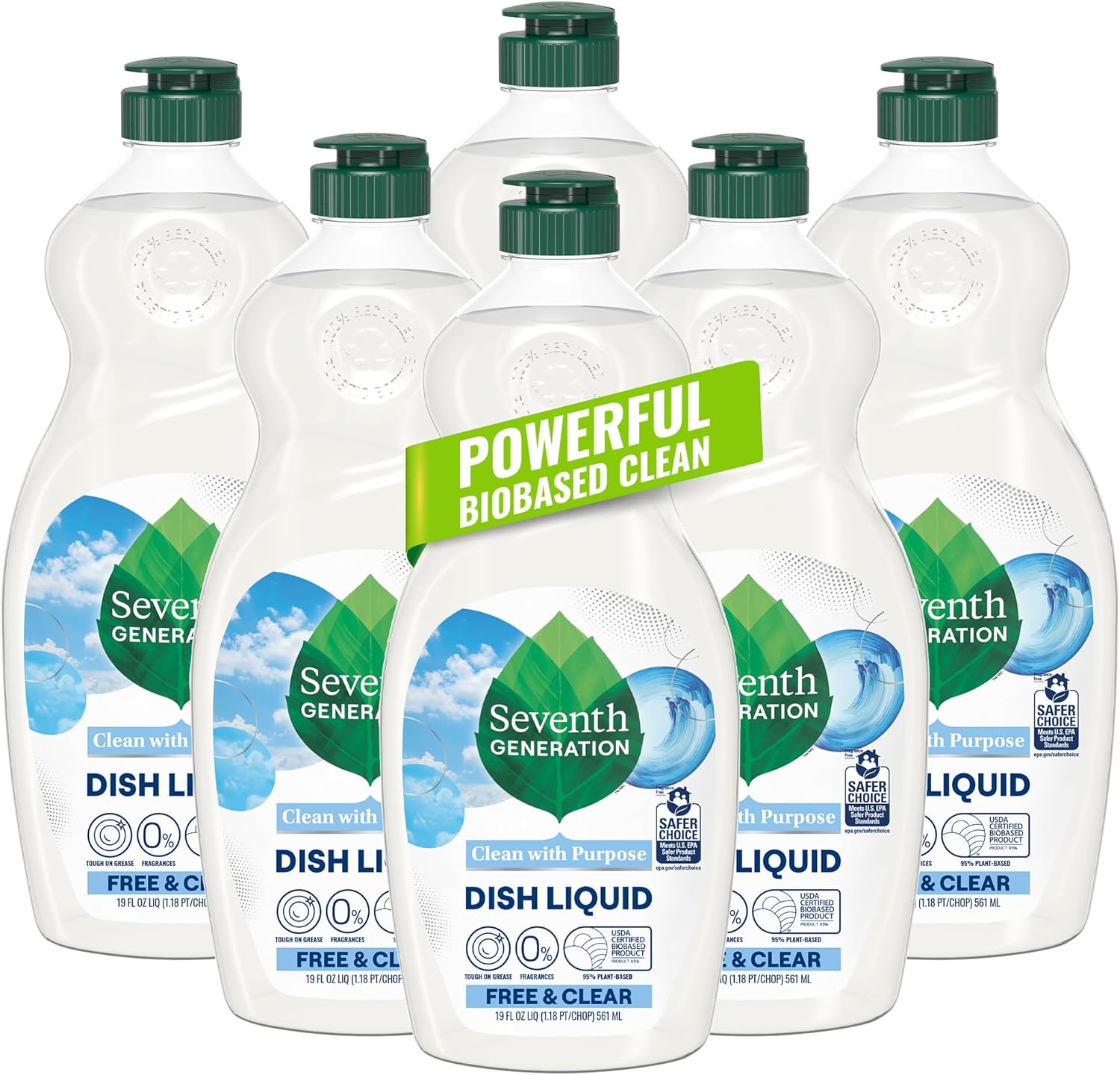 Seventh Generation Free and Clear dish liquid soap fragrance-free dishwashing liquid for sensitive skin pack of 6 bottles 19 oz each