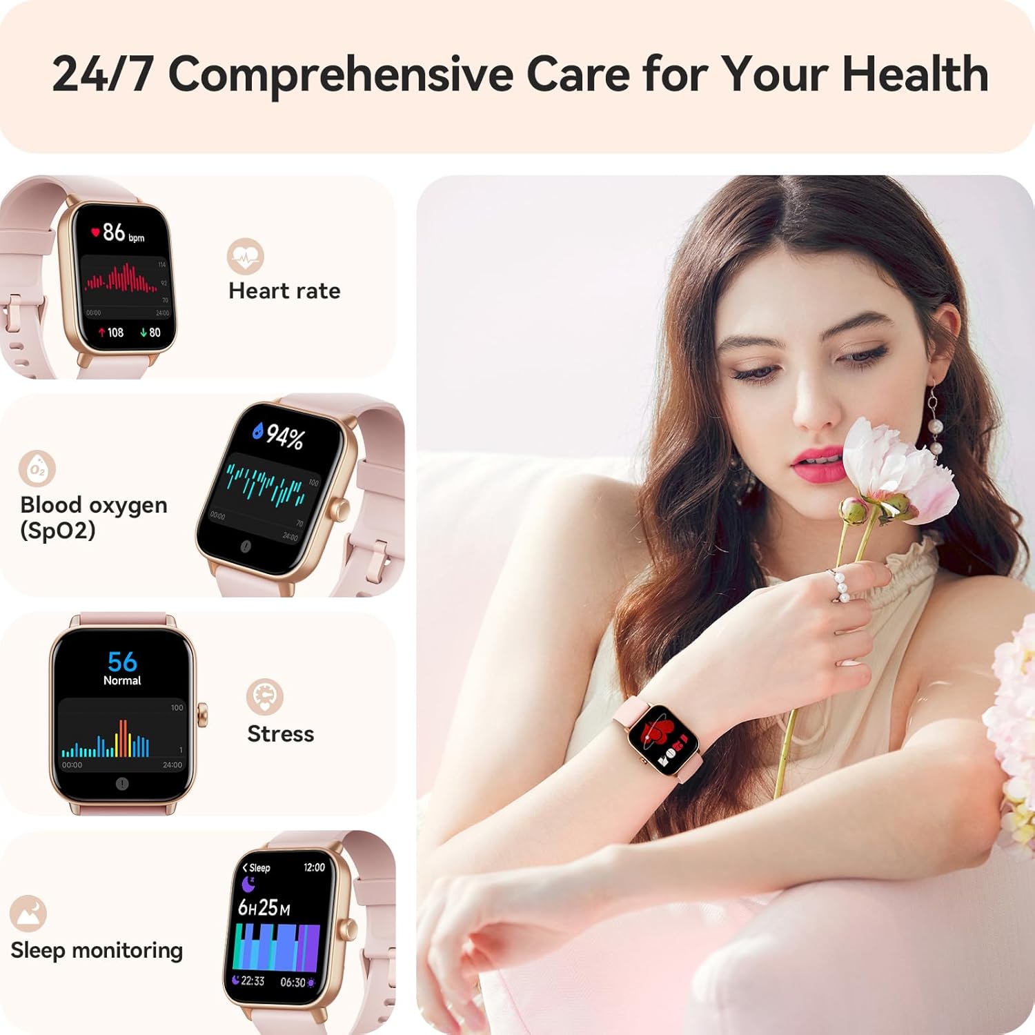 Pink smart watch for women with Alexa built-in Bluetooth calling heart rate SpO2 sleep monitor and IP68 waterproof fitness tracker