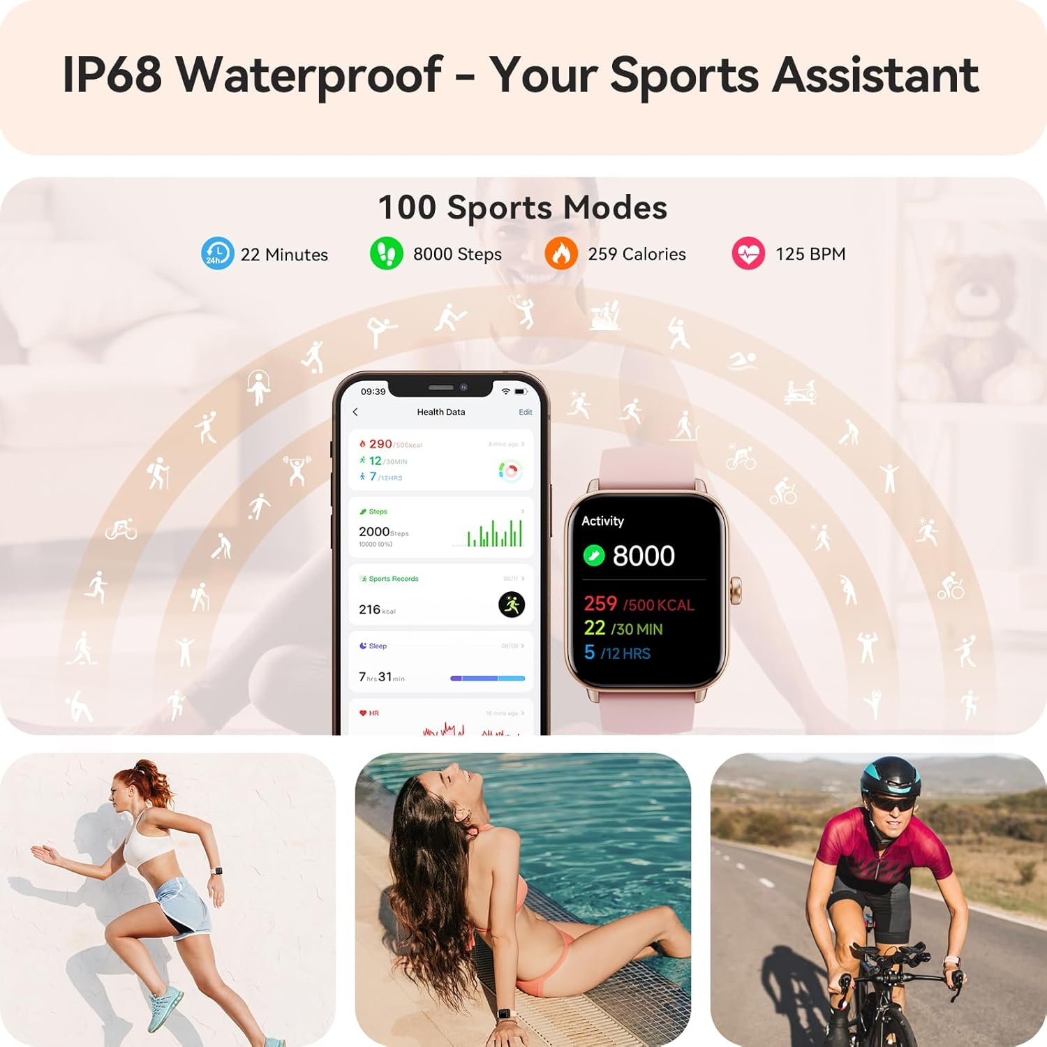 Pink smart watch for women with Alexa built-in Bluetooth calling heart rate SpO2 sleep monitor and IP68 waterproof fitness tracker
