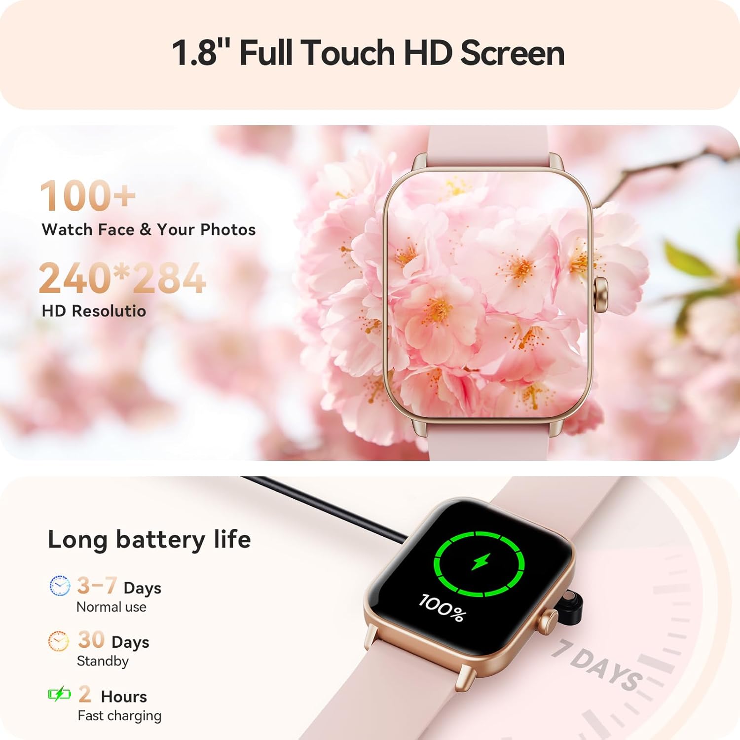 Pink smart watch for women with Alexa built-in Bluetooth calling heart rate SpO2 sleep monitor and IP68 waterproof fitness tracker