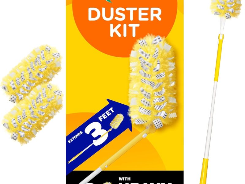 Swiffer Duster Kit with 3 ft extendable handle and heavy duty duster refills for cleaning ceiling fans vents and hard to reach places