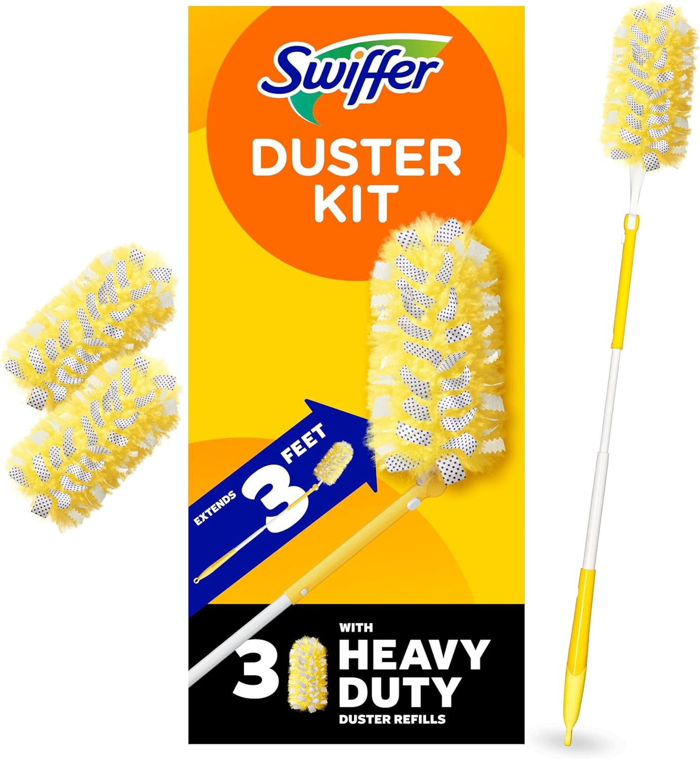 Swiffer Duster Kit with 3 ft extendable handle and heavy duty duster refills for cleaning ceiling fans vents and hard to reach places
