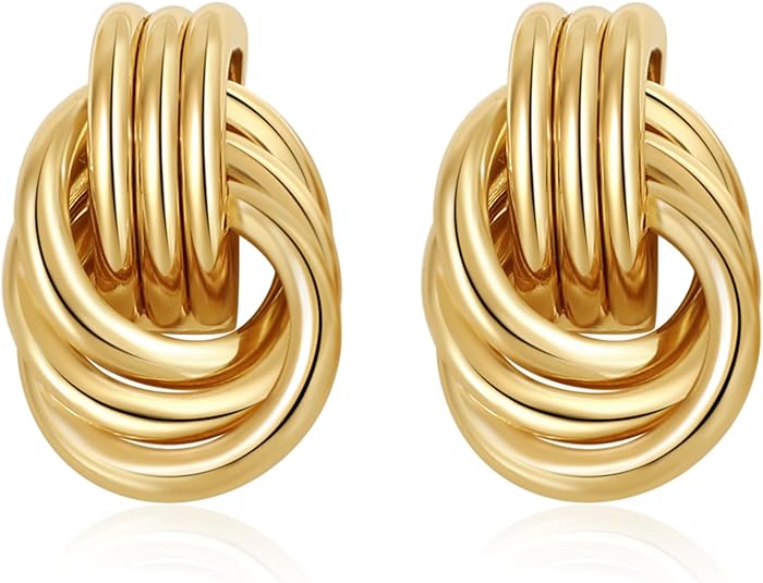 Gold plated chunky knot drop dangle earrings for women lightweight hypoallergenic statement fashion jewelry