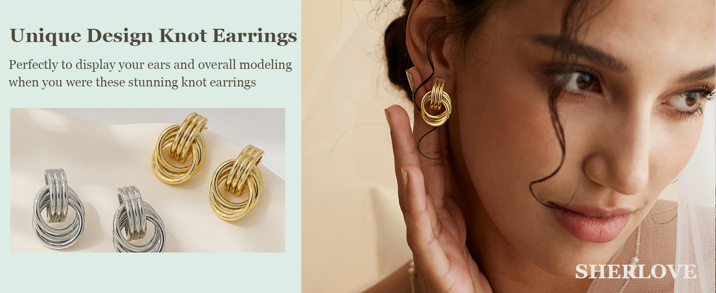 Gold plated chunky knot drop dangle earrings for women lightweight hypoallergenic statement fashion jewelry
