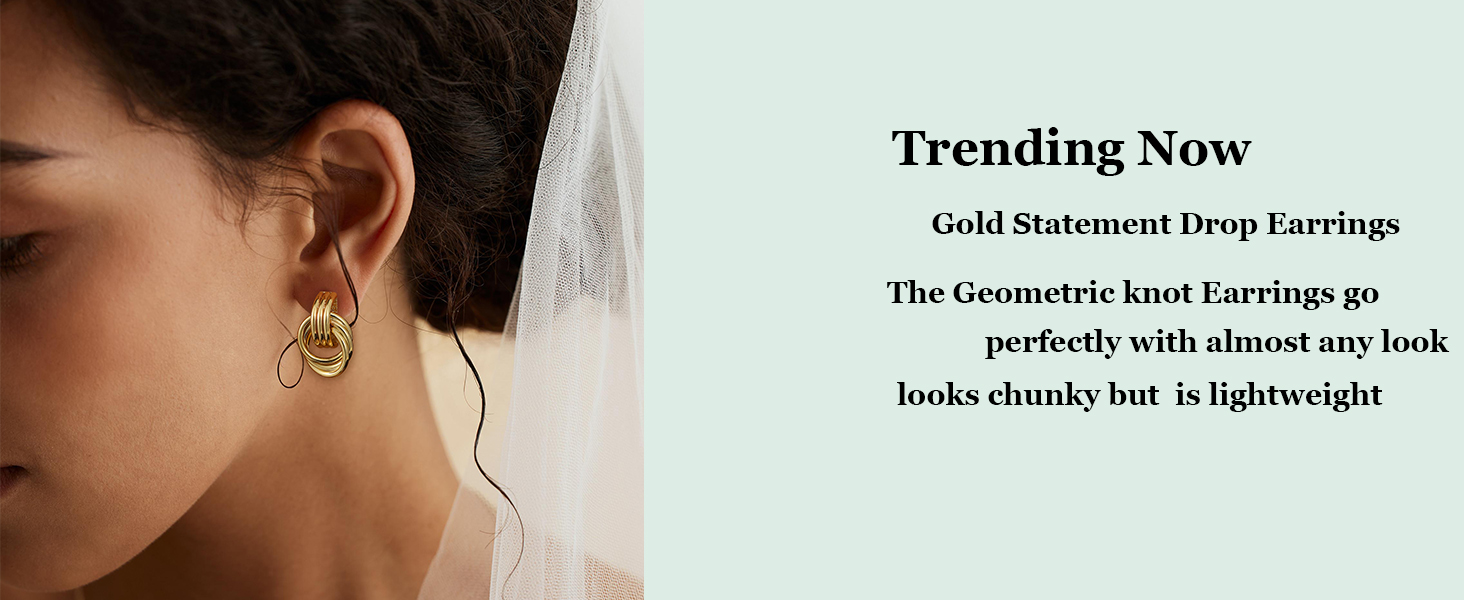Gold plated chunky knot drop dangle earrings for women lightweight hypoallergenic statement fashion jewelry