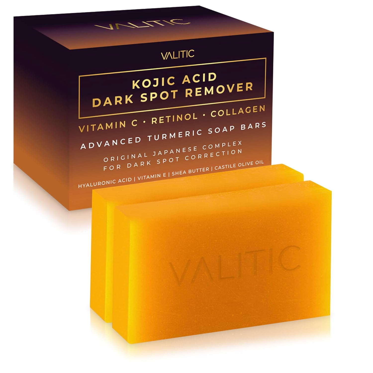 VALITIC Kojic Acid Dark Spot Remover Soap Bars with Vitamin C Retinol Collagen Turmeric Hyaluronic Acid and Shea Butter 2 Pack