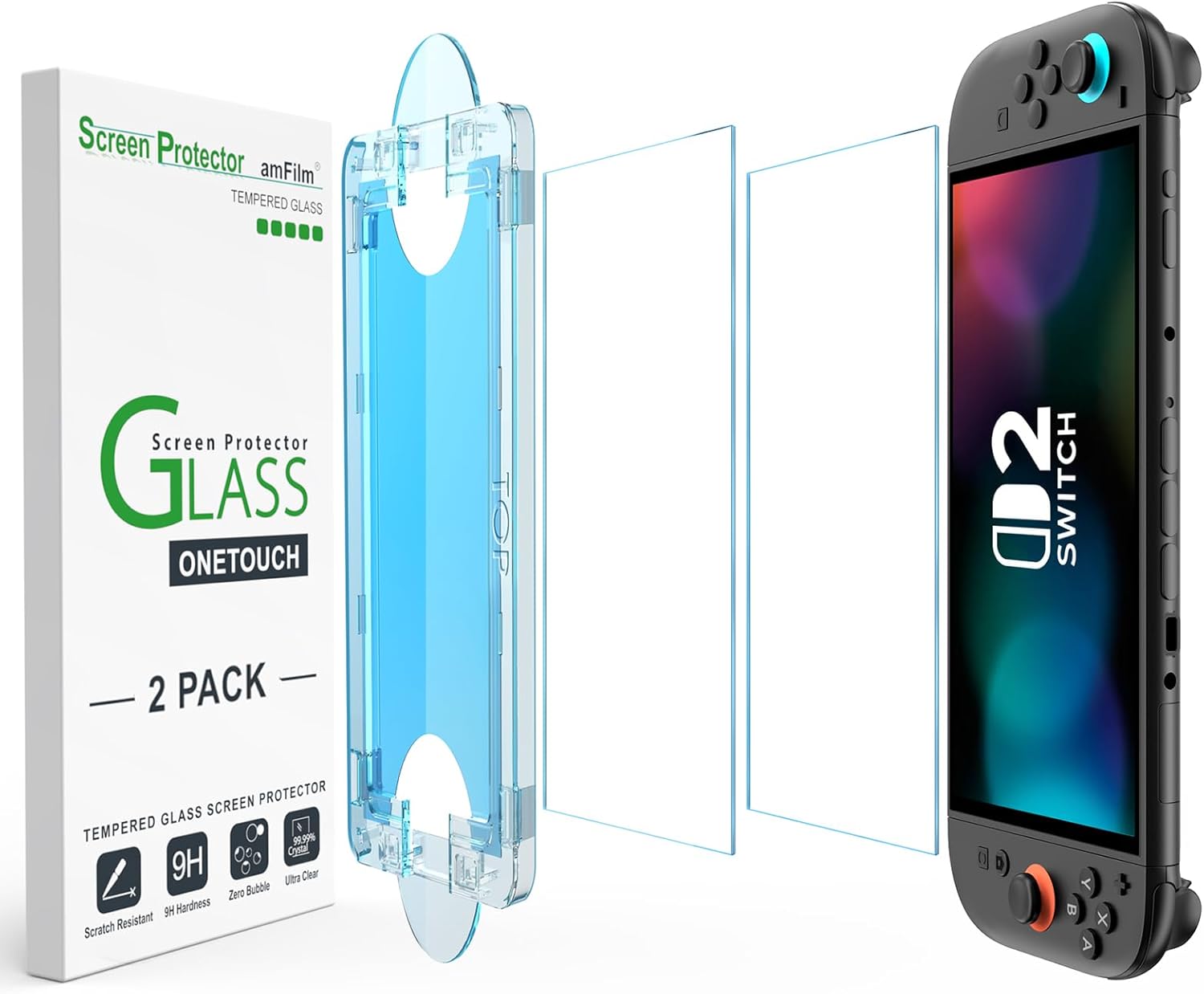 amFilm Auto-Alignment OneTouch tempered glass screen protector for Nintendo Switch 2 2025 with bubble-free installation and scratch-resistant protection