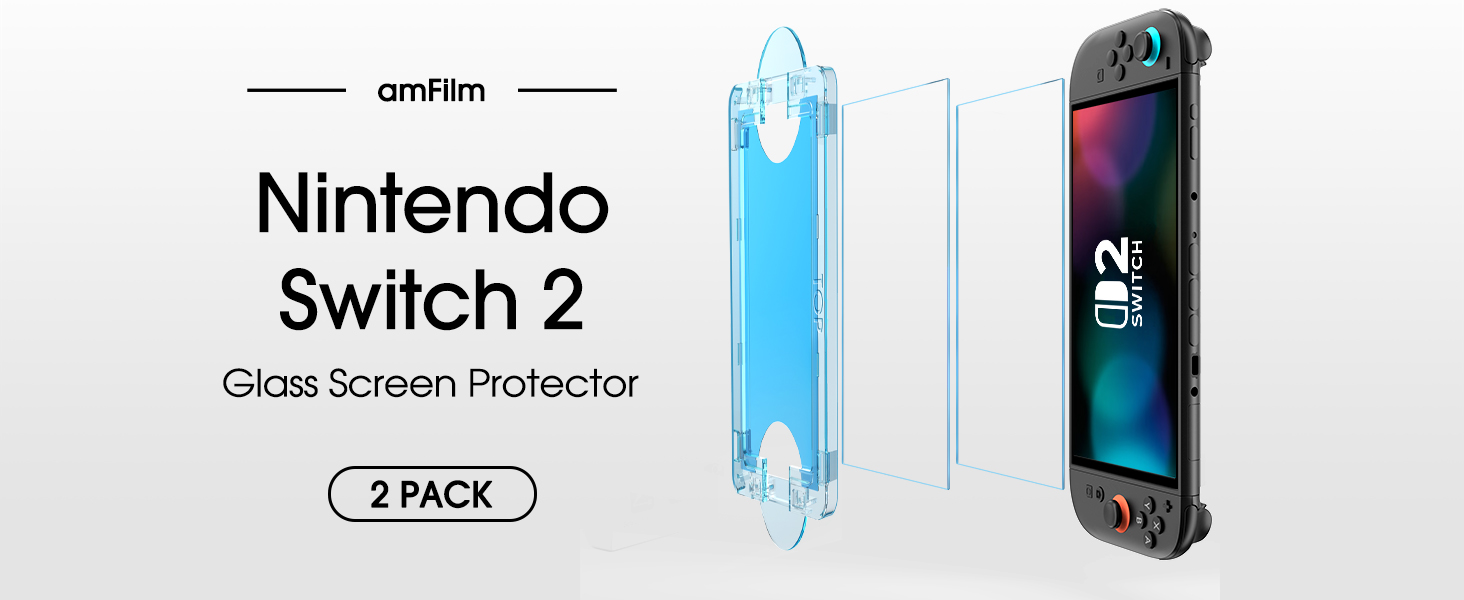 amFilm Auto-Alignment OneTouch tempered glass screen protector for Nintendo Switch 2 2025 with bubble-free installation and scratch-resistant protection