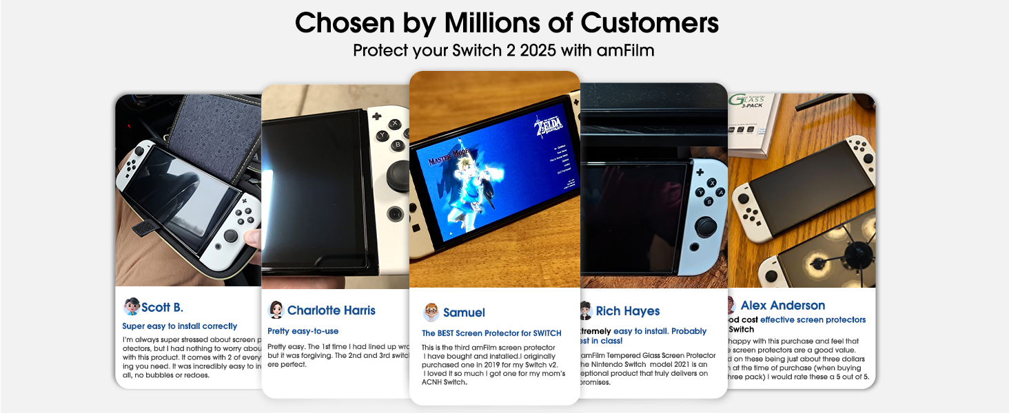 amFilm Auto-Alignment OneTouch tempered glass screen protector for Nintendo Switch 2 2025 with bubble-free installation and scratch-resistant protection