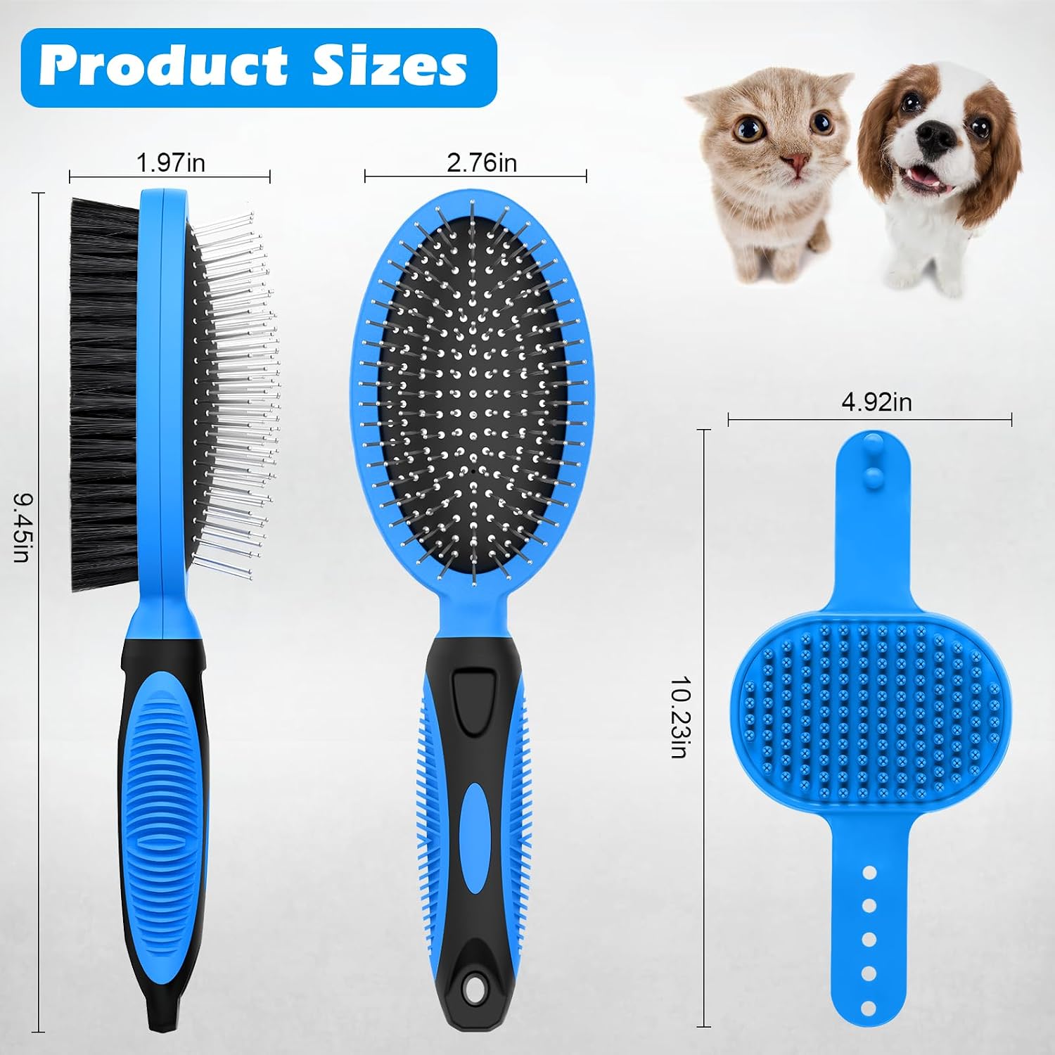 2PCS pet grooming tools with double-sided deshedding brush and mane tail comb for dogs, cats, and horses in blue