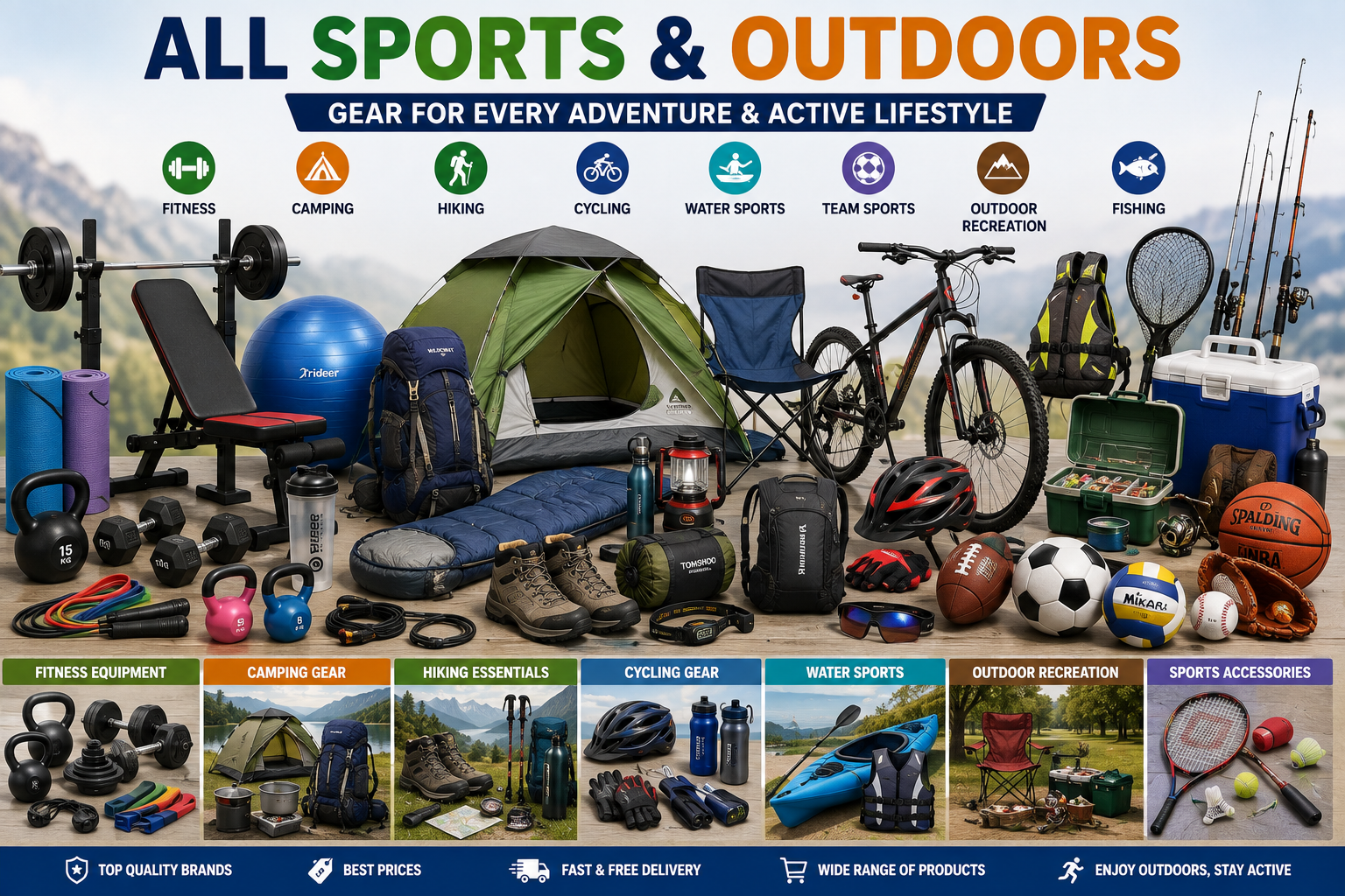 Explore Sports & Outdoors products including fitness equipment, camping gear, hiking accessories, cycling equipment, sports apparel, outdoor recreation gear, and exercise essentials.