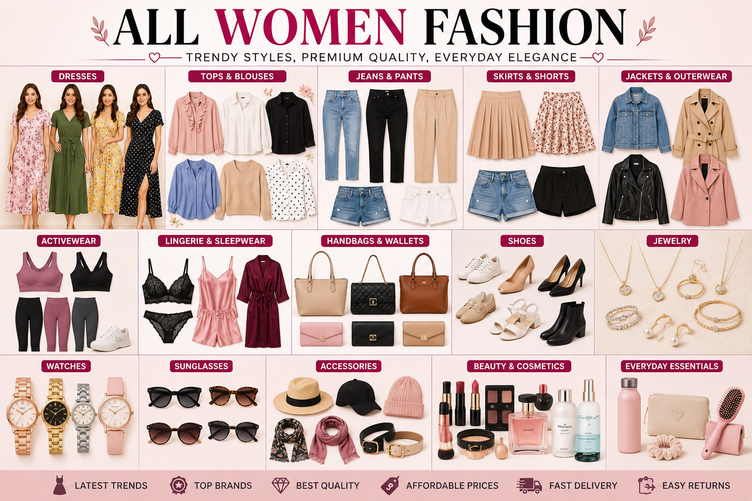 Explore the latest women's fashion including dresses, tops, jeans, skirts, activewear, shoes, handbags, jewelry, watches, and stylish accessories for every occasion.