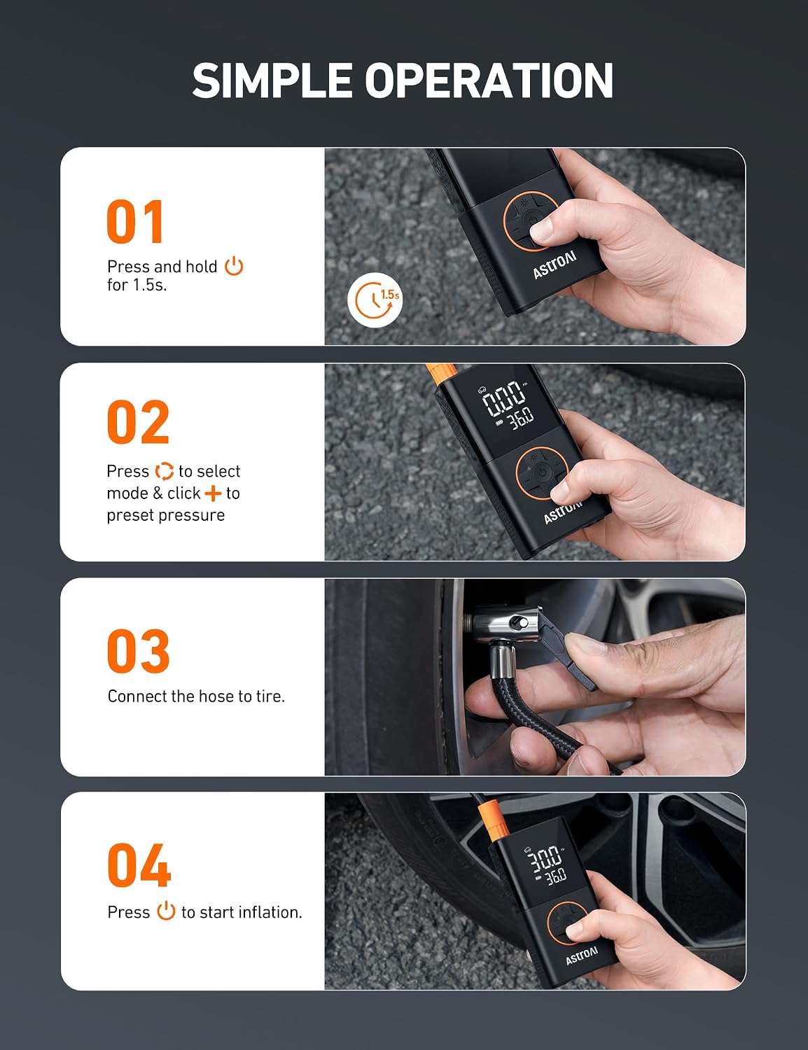 AstroAI L7 150 PSI cordless portable tire inflator with digital pressure gauge, auto shut-off and LED light for car, motorcycle and bike tires