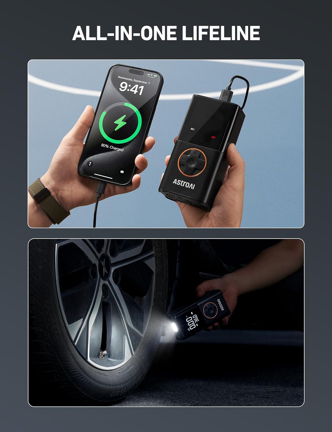 AstroAI L7 150 PSI cordless portable tire inflator with digital pressure gauge, auto shut-off and LED light for car, motorcycle and bike tires