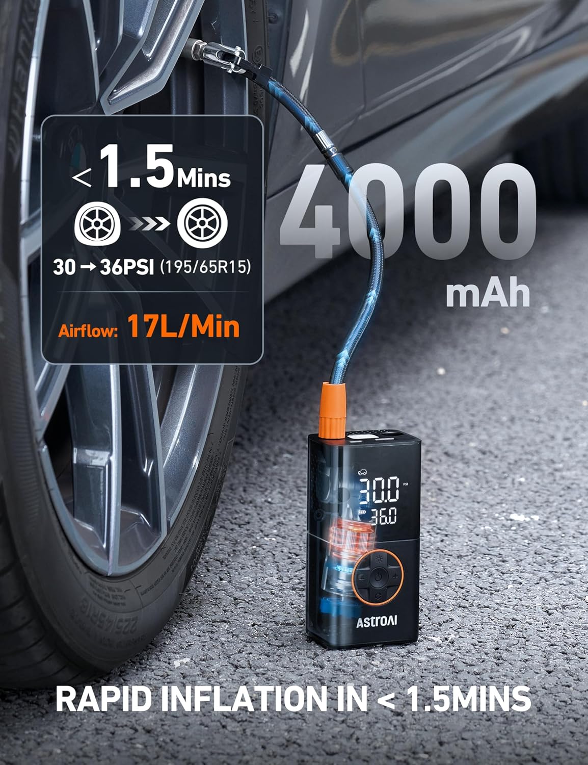 AstroAI L7 150 PSI cordless portable tire inflator with digital pressure gauge, auto shut-off and LED light for car, motorcycle and bike tires