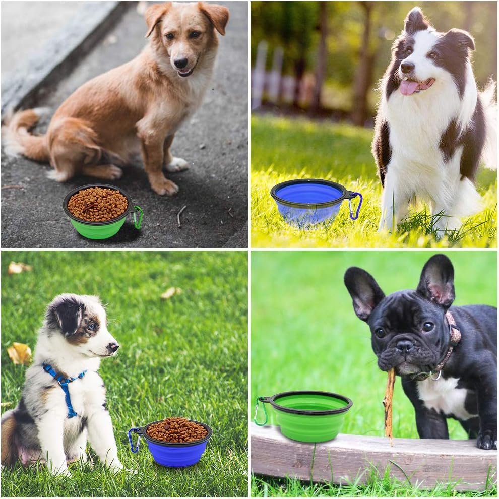 2 pack collapsible dog and cat travel bowls with carabiners in blue and green for portable food and water during walking, hiking, camping, and travel
