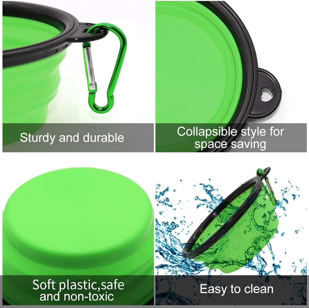 2 pack collapsible dog and cat travel bowls with carabiners in blue and green for portable food and water during walking, hiking, camping, and travel
