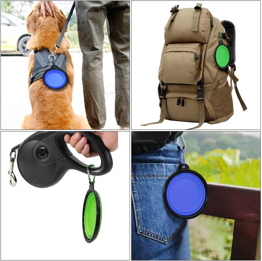 2 pack collapsible dog and cat travel bowls with carabiners in blue and green for portable food and water during walking, hiking, camping, and travel