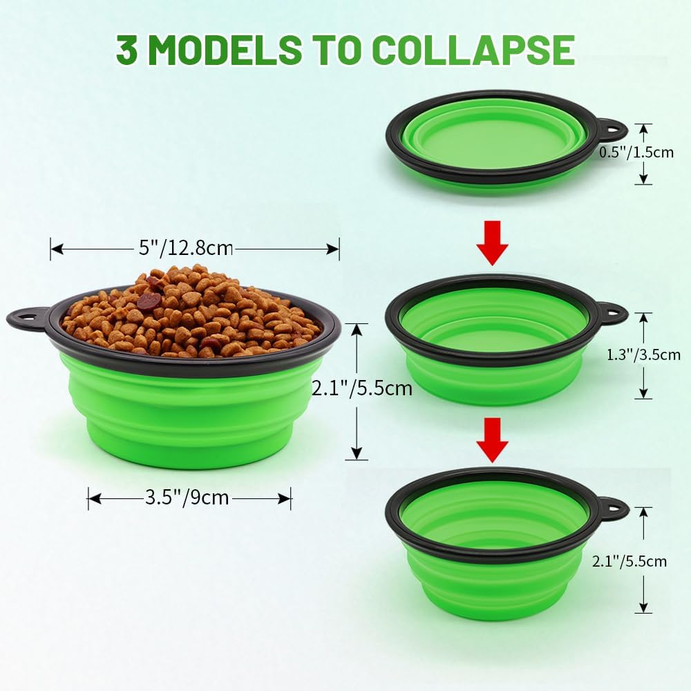2 pack collapsible dog and cat travel bowls with carabiners in blue and green for portable food and water during walking, hiking, camping, and travel