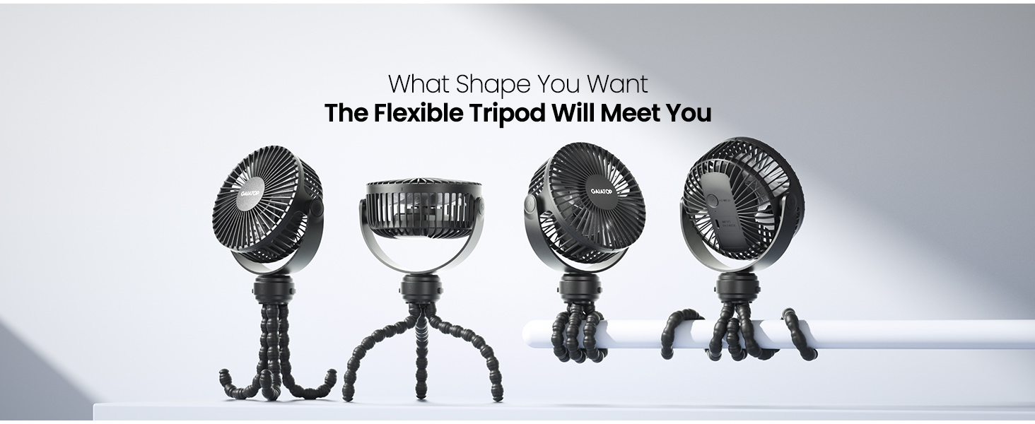 Gaiatop Mini Portable Stroller Fan with flexible tripod, rechargeable battery, 360 degree rotation and 3 speed cooling fan in black