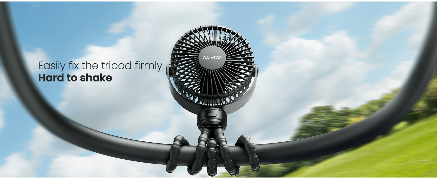 Gaiatop Mini Portable Stroller Fan with flexible tripod, rechargeable battery, 360 degree rotation and 3 speed cooling fan in black