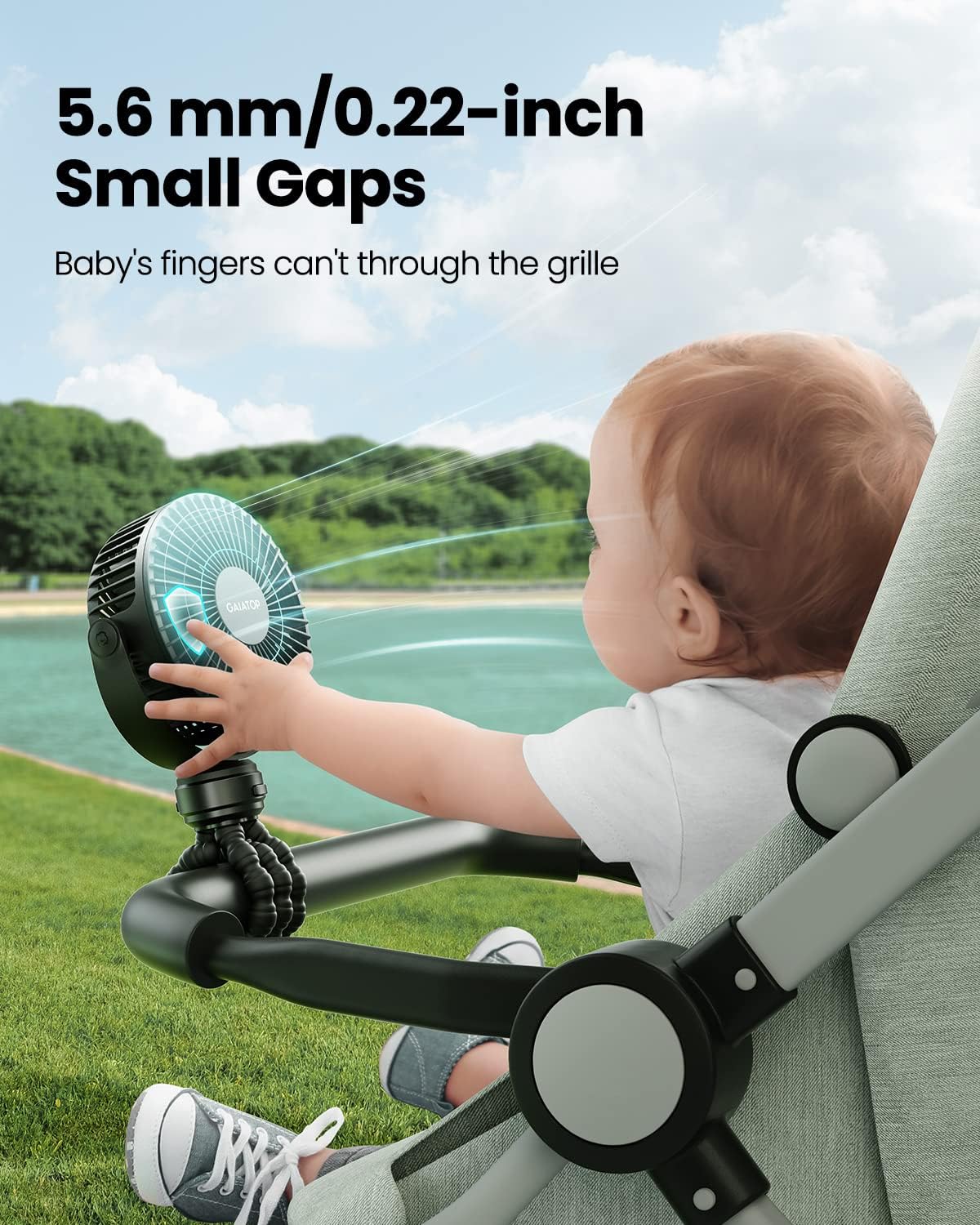 Gaiatop Mini Portable Stroller Fan with flexible tripod, rechargeable battery, 360 degree rotation and 3 speed cooling fan in black