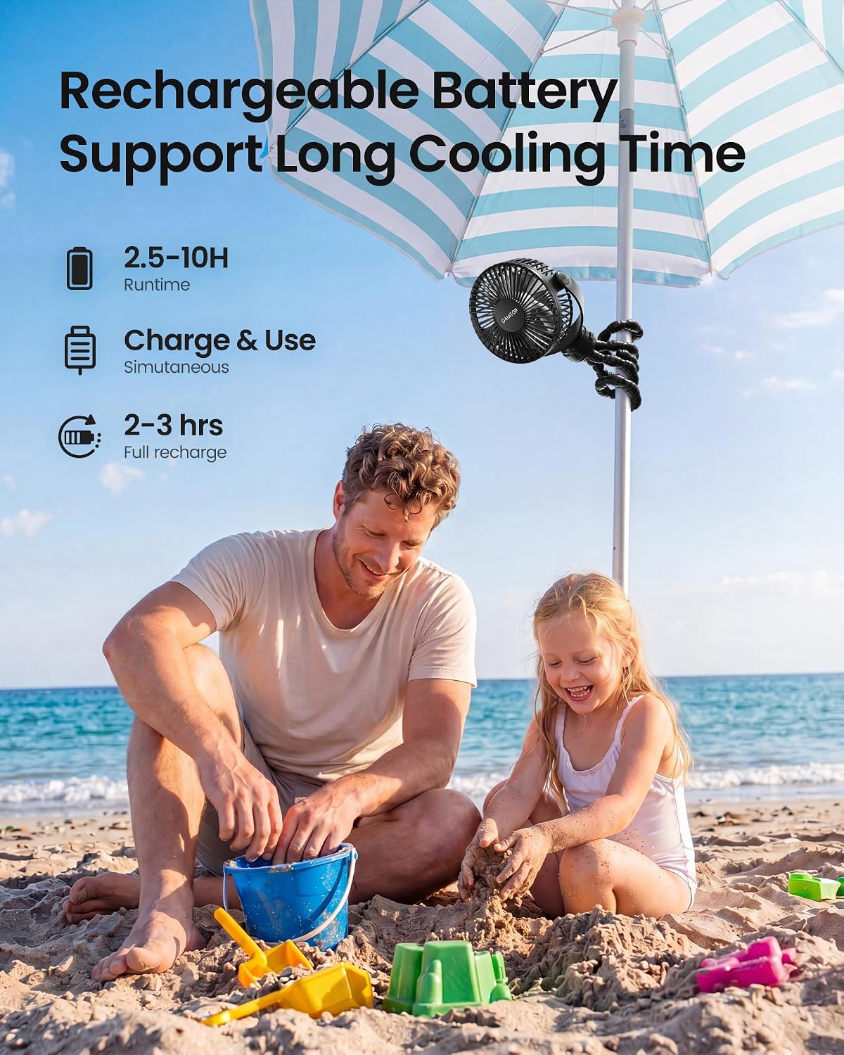 Gaiatop Mini Portable Stroller Fan with flexible tripod, rechargeable battery, 360 degree rotation and 3 speed cooling fan in black