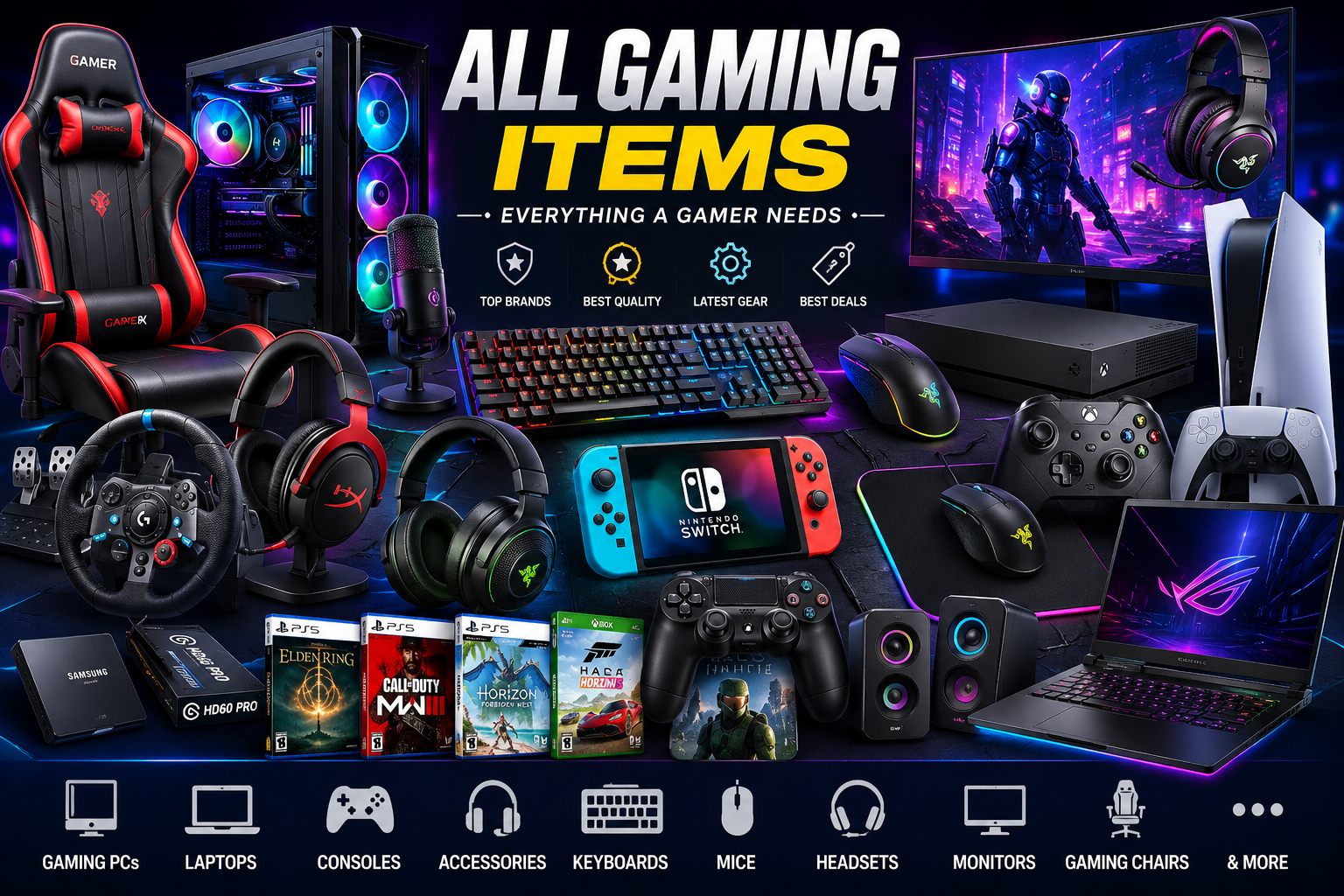 Modern gaming setup with RGB gaming PC, monitor, keyboard, mouse, headset, and gaming accessories.