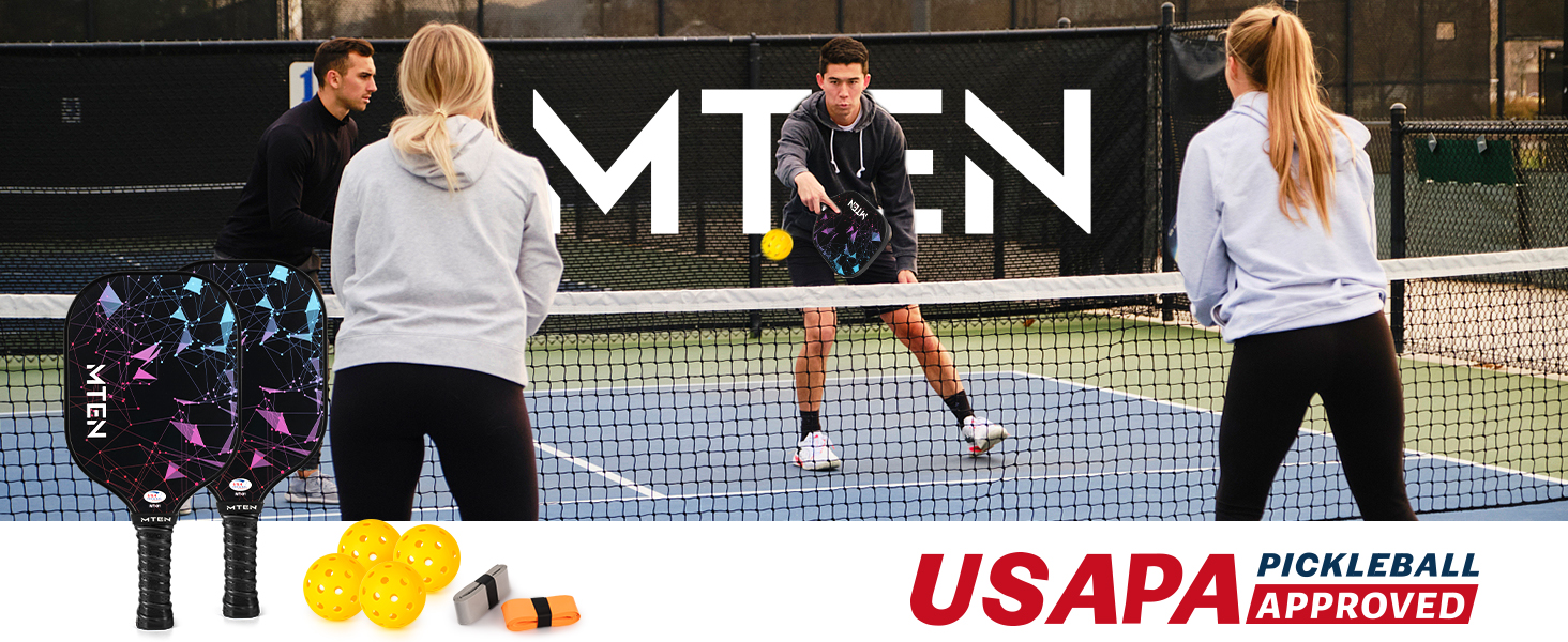 MTEN Pickleball Paddles Set with USAPA approved lightweight fiberglass pickleball rackets for men, women, beginners, and intermediate players